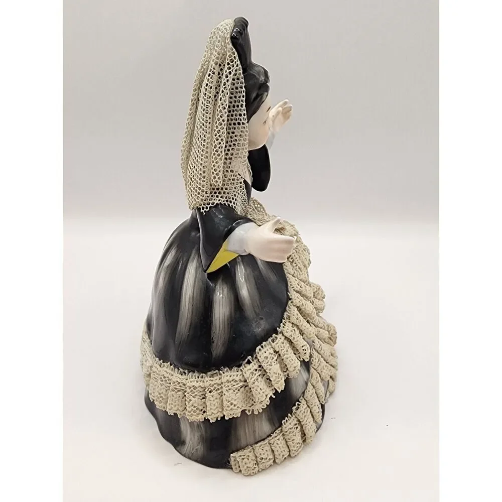 Vintage Porcelain Lace Lady Figurine Black Dress Flowers Purse Damaged Pinky